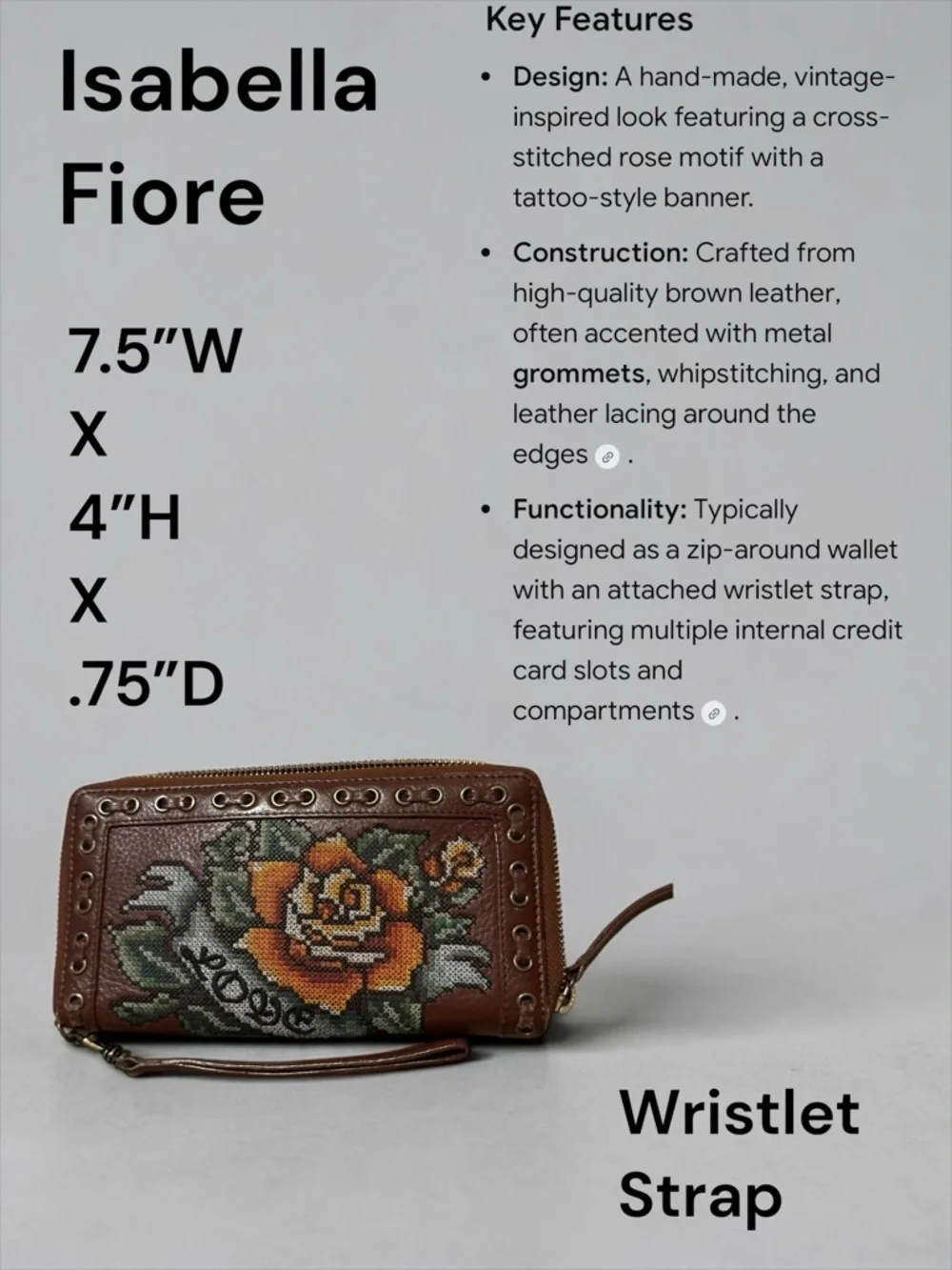 Isabella Fiore Leather Wristlet Wallet Boho Cross Stitch Rose Zip Around Vintage